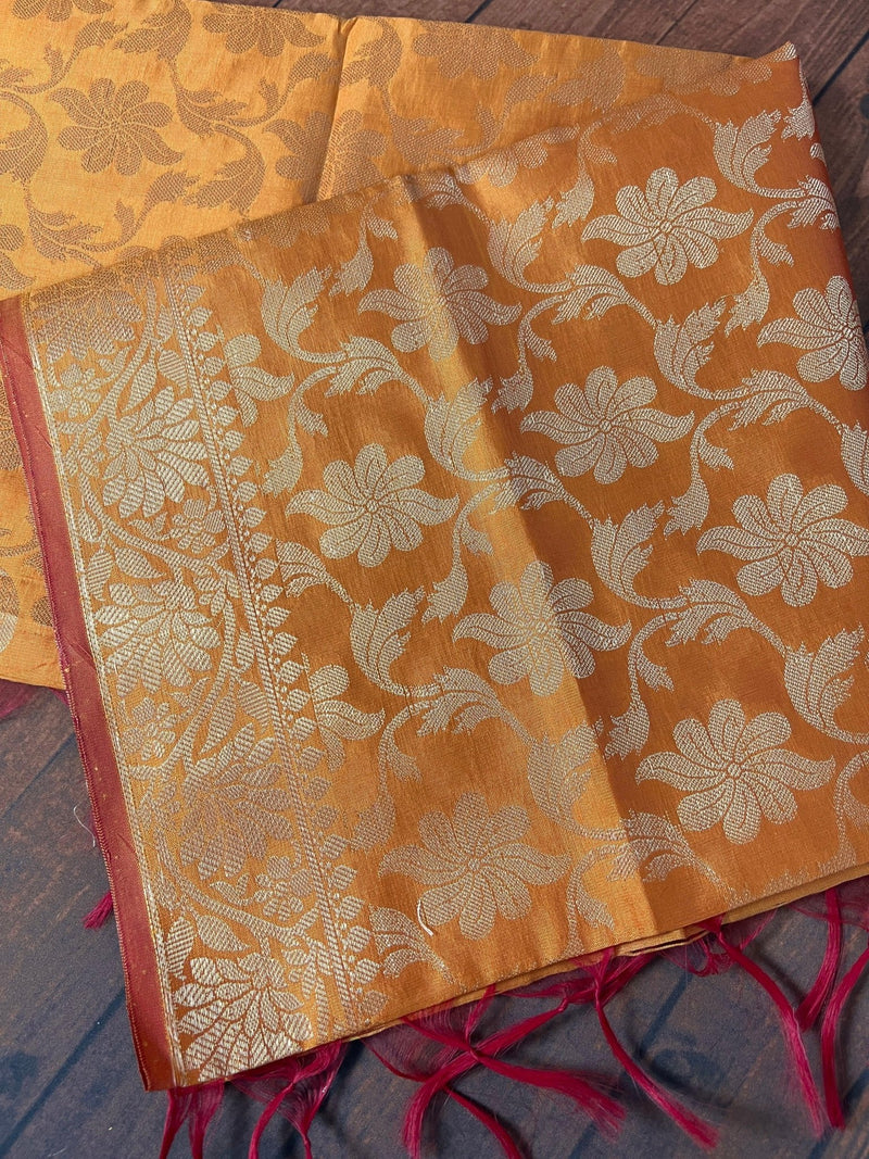 Mustard Orange Banarasi Soft Silk dupatta in soft silk (non-pure) with muted gold zari weaving — Kaash Collection