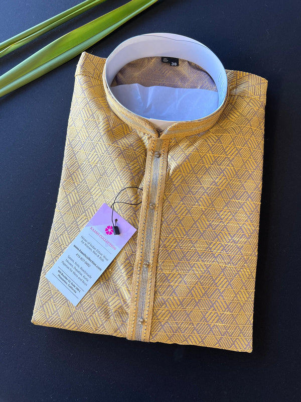 Mustard Yellow and Grey designer Men Kurta Pajama Set with tiny Sequin Work | Self Embroidered Material | Designer Mens Wear | Kurta Store - Kaash