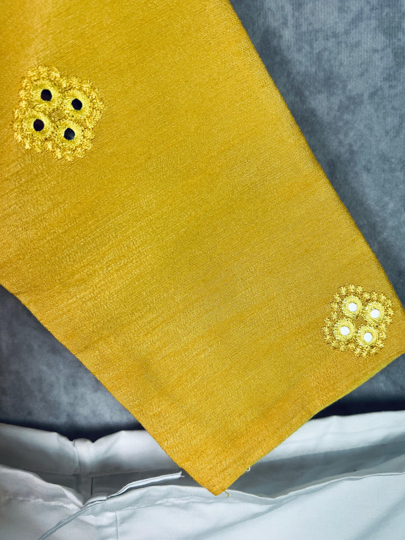 Mustard Yellow Boys Kurta Pajama Set in Soft Raw Silk with Lining | Embroidery Work | Boys Wedding Wear Kurta Sets | Kurta Pajama for Boys - Kaash