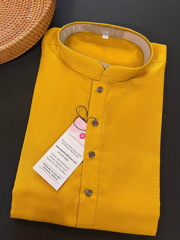 Mustard Yellow Soft Silk Self Design Men Kurta with White Cotton Pajama | Mens Party Wear Clothing | Indian Ethnic Men Wear in USA - Kaash