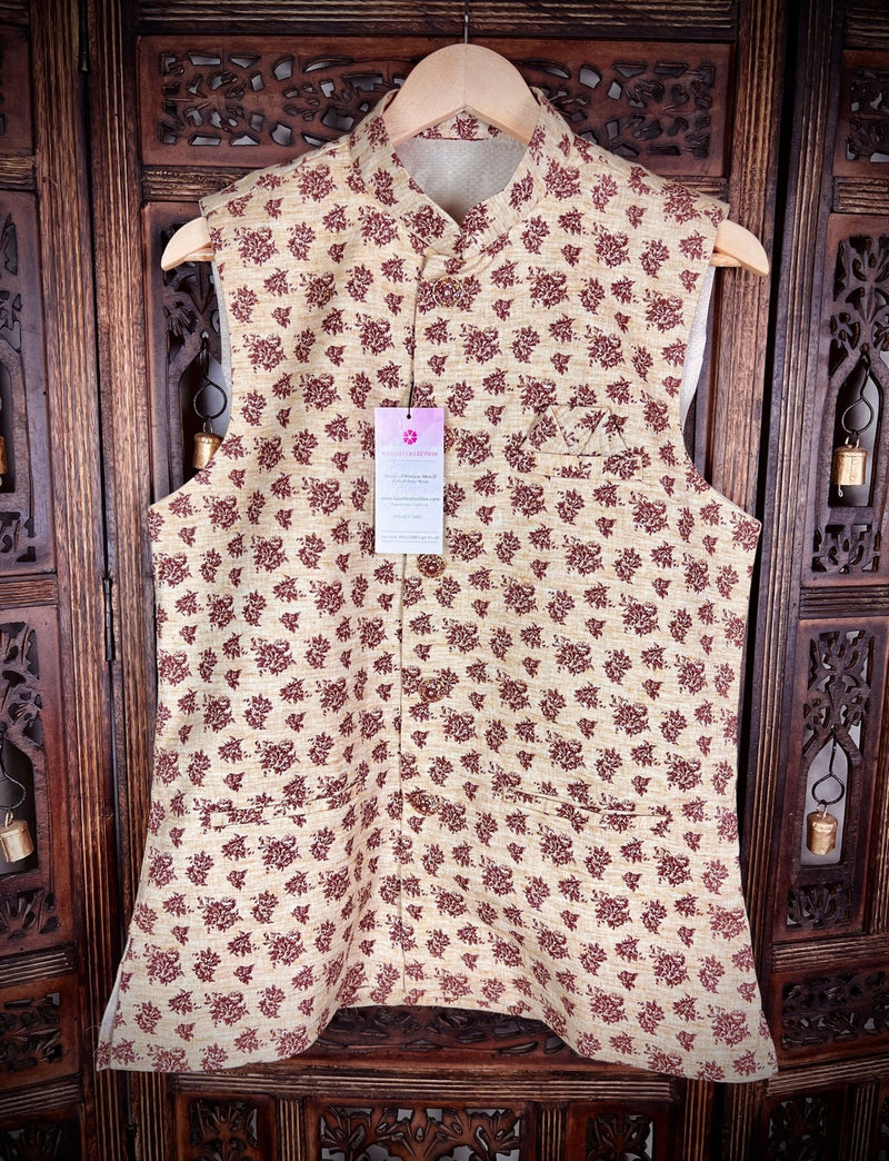 Off White men's Nehru/Modi jacket in jute soft silk with brown floral prints — Kaash Collection