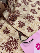 Off White men's Nehru/Modi jacket in jute soft silk with brown floral prints — Kaash Collection