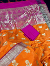 Orange with Olive Green and Pink Color combination Traditional Handloom Banarasi Saree with wide Borders - Kaash