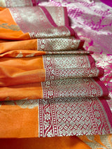 Orange with Olive Green and Pink Color combination Traditional Handloom Banarasi Saree with wide Borders - Kaash