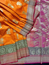 Orange with Olive Green and Pink Color combination Traditional Handloom Banarasi Saree with wide Borders - Kaash
