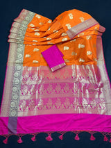 Orange with Olive Green and Pink Color combination Traditional Handloom Banarasi Saree with wide Borders - Kaash