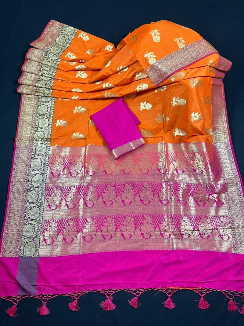 Orange with Olive Green and Pink Color combination Traditional Handloom Banarasi Saree with wide Borders - Kaash