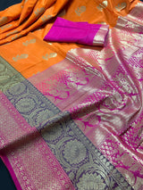 Orange with Olive Green and Pink Color combination Traditional Handloom Banarasi Saree with wide Borders - Kaash