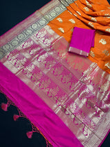 Orange with Olive Green and Pink Color combination Traditional Handloom Banarasi Saree with wide Borders - Kaash