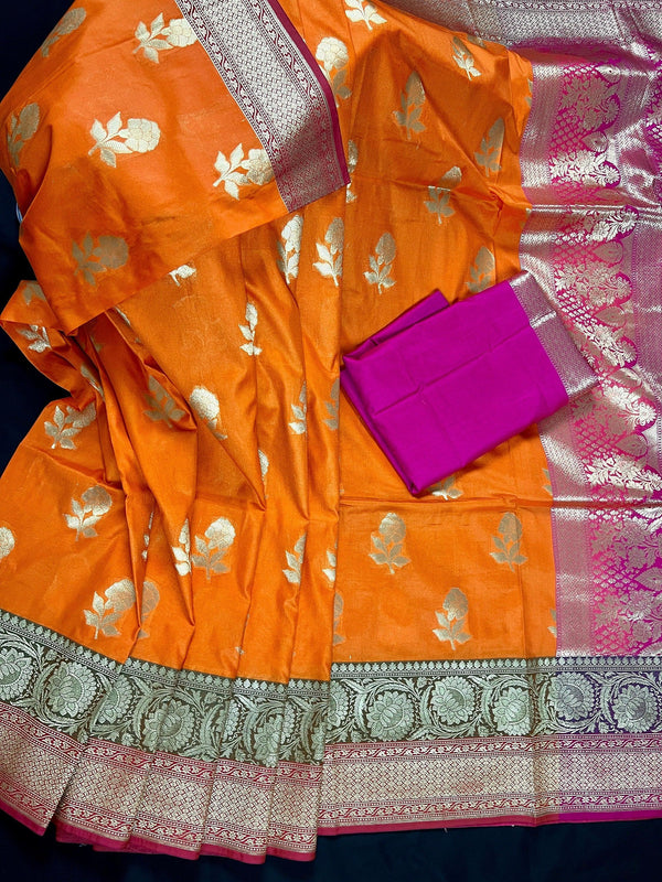 Orange with Olive Green and Pink Color combination Traditional Handloom Banarasi Saree with wide Borders | Silk Sarees | Orange Color Saree - Kaash