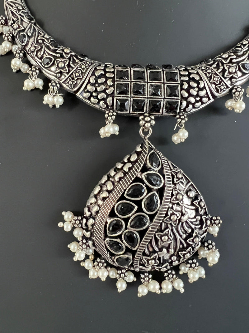 Oxidized Jewelry | Necklace with earrings | Oxidized indian jewelry with Stones | Oxidized German Silver Jewelry for women | Indian Jewelry - Kaash