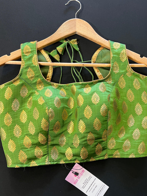 Parrot Green Banarasi Readymade Blouse | Sleeveless Blouse | Size - 36 | Readymade Blouses | Blouses for Sarees | Kaash Collection - Kaash