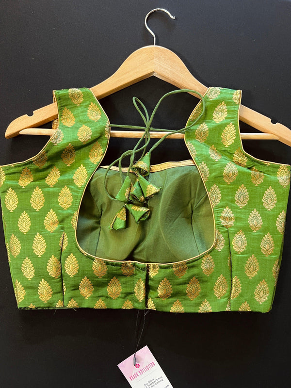 Parrot Green Banarasi Readymade Blouse | Sleeveless Blouse | Size - 36 | Readymade Blouses | Blouses for Sarees | Kaash Collection - Kaash