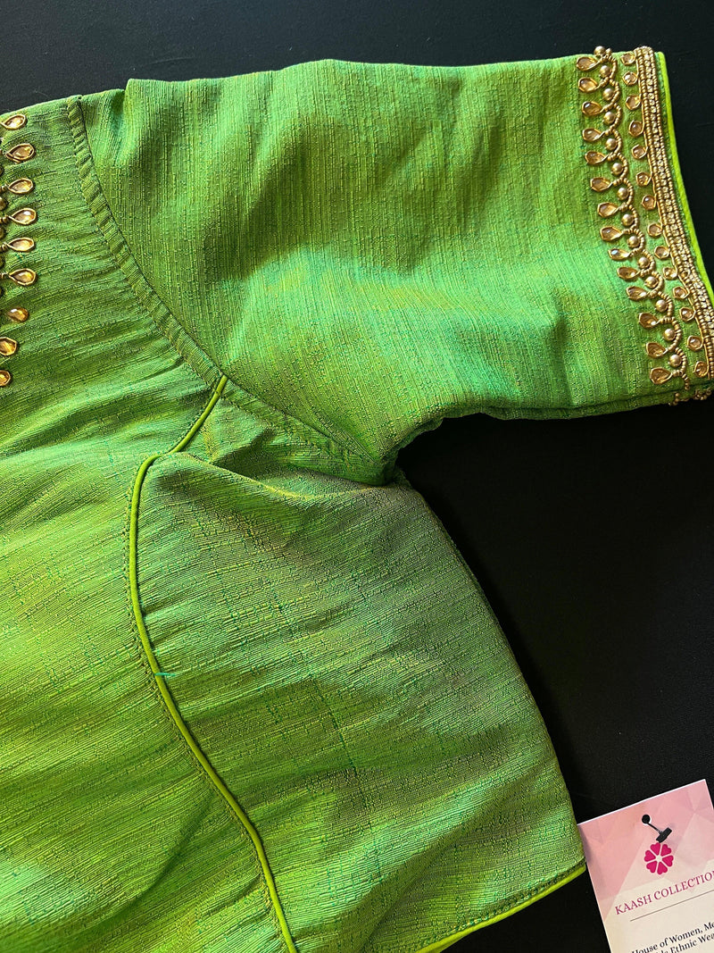 Parrot Green Color Raw Silk Ready to Wear Blouse | Handwork Blouses | Padded Blouse | Size - 36 | Readymade Saree Blouses | Kaash Collection - Kaash