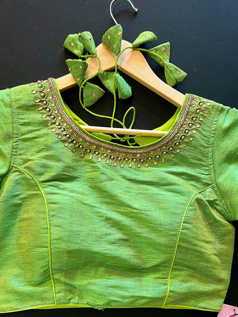 Parrot Green Color Raw Silk Ready to Wear Blouse | Handwork Blouses | Padded Blouse | Size - 36 | Readymade Saree Blouses | Kaash Collection - Kaash