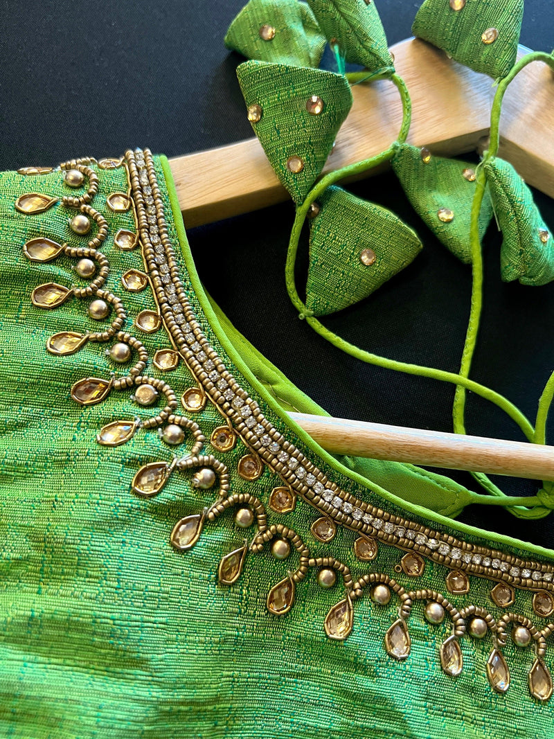Parrot Green Color Raw Silk Ready to Wear Blouse | Handwork Blouses | Padded Blouse | Size - 36 | Readymade Saree Blouses | Kaash Collection - Kaash