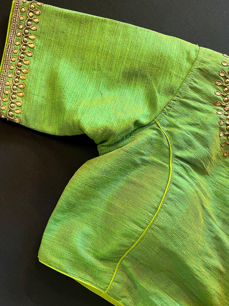 Parrot Green Color Raw Silk Ready to Wear Blouse | Handwork Blouses | Padded Blouse | Size - 36 | Readymade Saree Blouses | Kaash Collection - Kaash