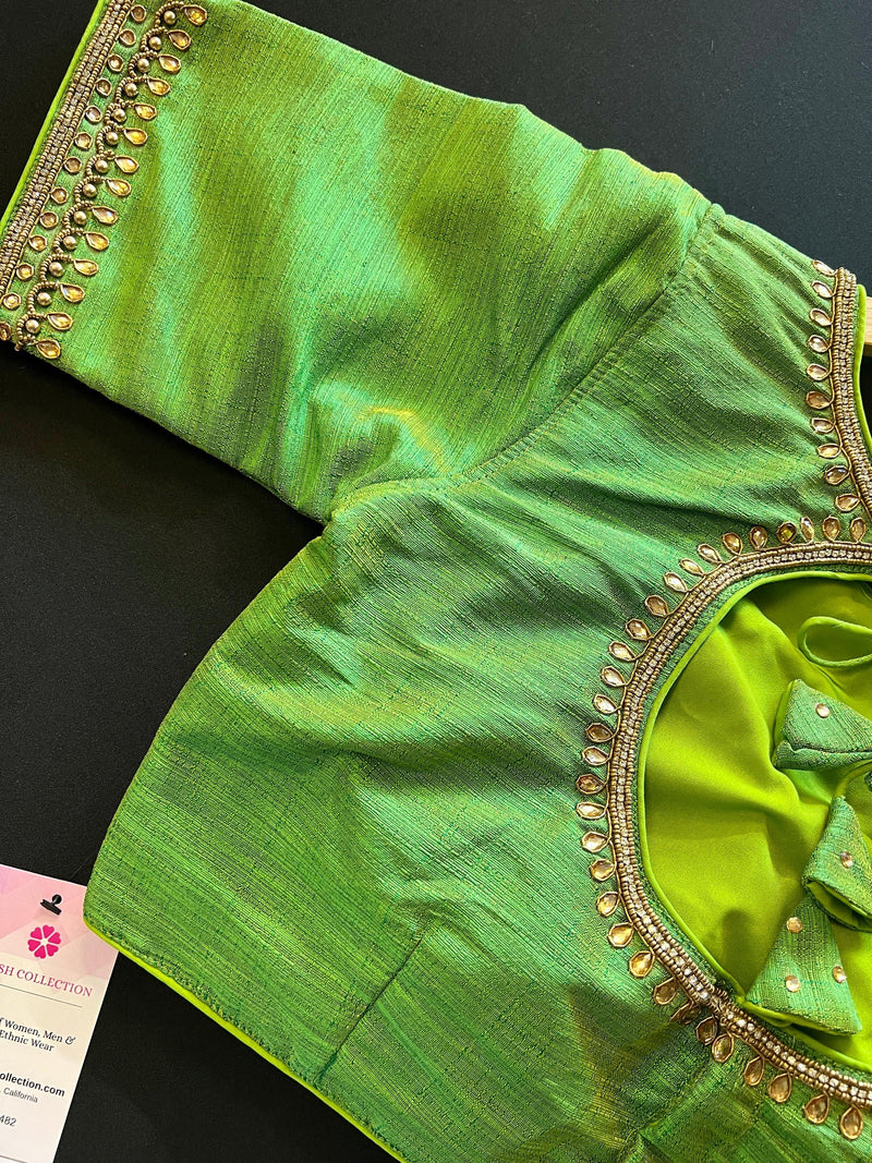Parrot Green Color Raw Silk Ready to Wear Blouse | Handwork Blouses | Padded Blouse | Size - 36 | Readymade Saree Blouses | Kaash Collection - Kaash