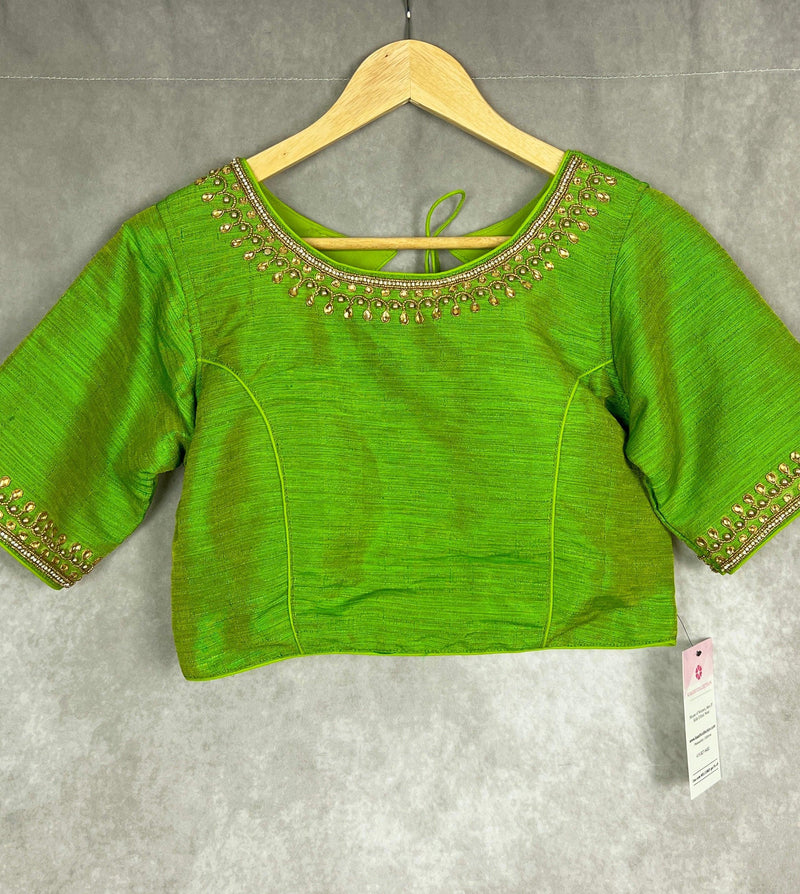 Parrot Green Color Raw Silk Ready to Wear Blouse | Handwork Blouses | Padded Blouse | Size - 36 | Readymade Saree Blouses | Kaash Collection - Kaash