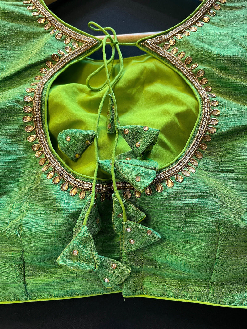 Parrot Green Color Raw Silk Ready to Wear Blouse | Handwork Blouses | Padded Blouse | Size - 36 | Readymade Saree Blouses | Kaash Collection - Kaash