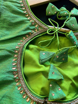 Parrot Green Color Raw Silk Ready to Wear Blouse | Handwork Blouses | Padded Blouse | Size - 36 | Readymade Saree Blouses | Kaash Collection - Kaash