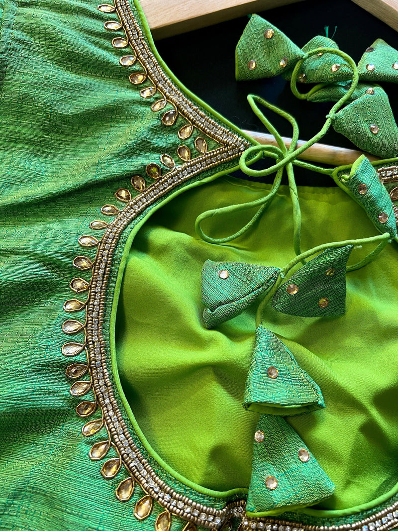 Parrot Green Color Raw Silk Ready to Wear Blouse | Handwork Blouses | Padded Blouse | Size - 36 | Readymade Saree Blouses | Kaash Collection - Kaash