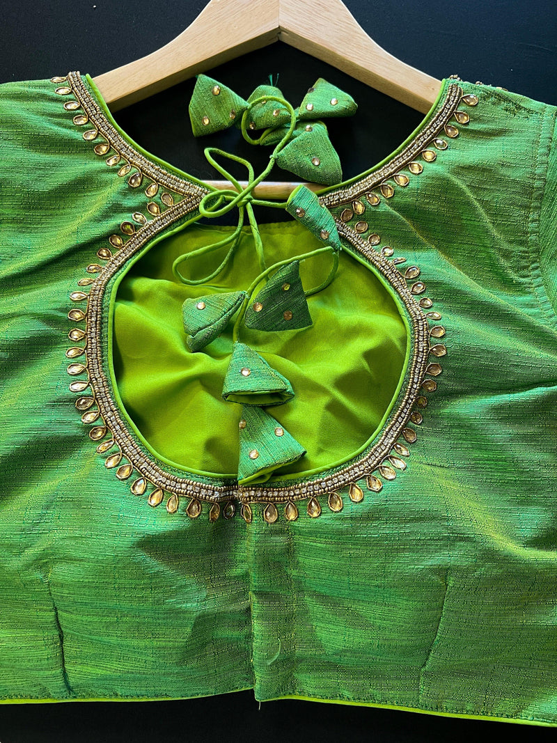 Parrot Green Color Raw Silk Ready to Wear Blouse | Handwork Blouses | Padded Blouse | Size - 36 | Readymade Saree Blouses | Kaash Collection - Kaash