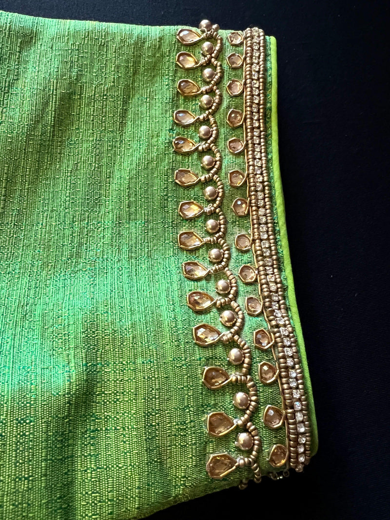 Parrot Green Color Raw Silk Ready to Wear Blouse | Handwork Blouses | Padded Blouse | Size - 36 | Readymade Saree Blouses | Kaash Collection - Kaash