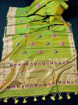Silk Mark Certified Parrot Green Double-Tone Pure Tussar saree in pure tussar silk with floral meenakari work with handwoven detail — Kaash Collection