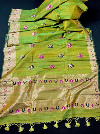 Silk Mark Certified Parrot Green Double-Tone Pure Tussar saree in pure tussar silk with floral meenakari work with handwoven detail — Kaash Collection