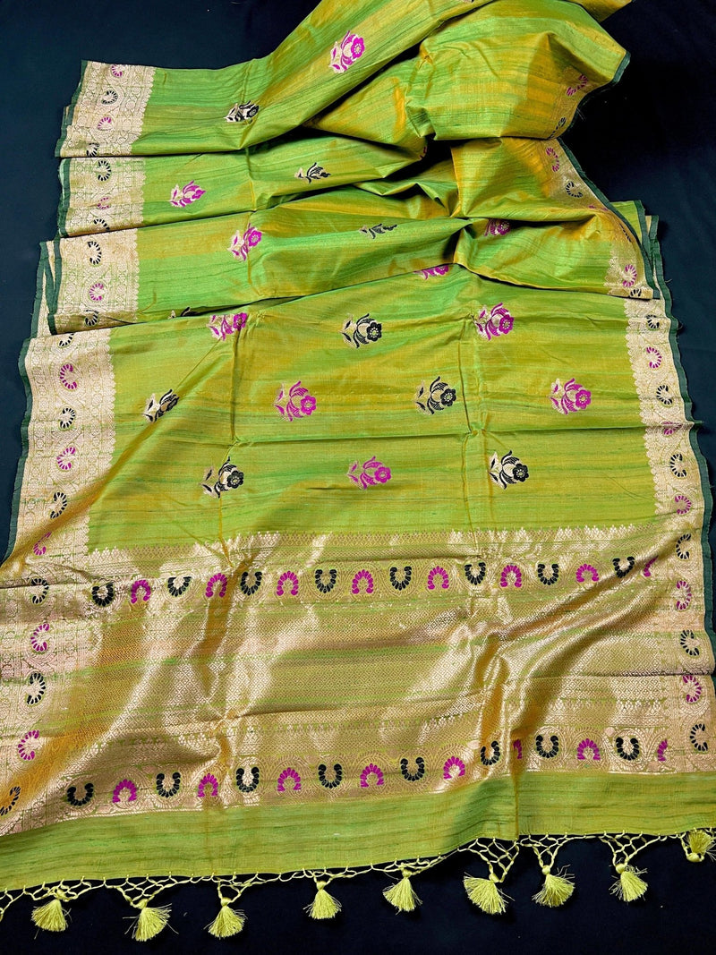 Silk Mark Certified Parrot Green Double-Tone Pure Tussar saree in pure tussar silk with floral meenakari work with handwoven detail — Kaash Collection