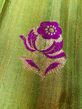 Silk Mark Certified Parrot Green Double-Tone Pure Tussar saree in pure tussar silk with floral meenakari work with handwoven detail — Kaash Collection