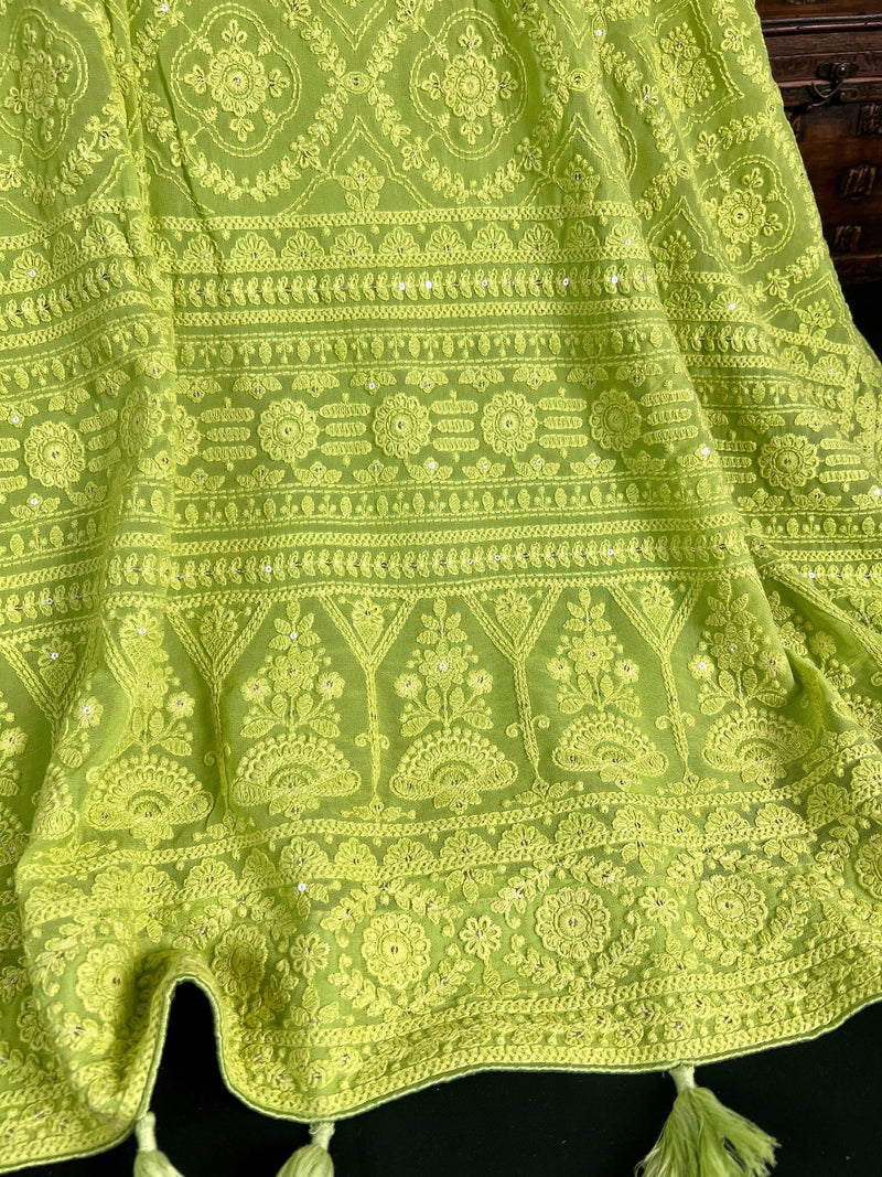 Parrot Green Pure Georgette Saree with Chikankari and Sequin Work| Parrot Green Color Saree | Chikankari Sarees | Kaash Collection - Kaash
