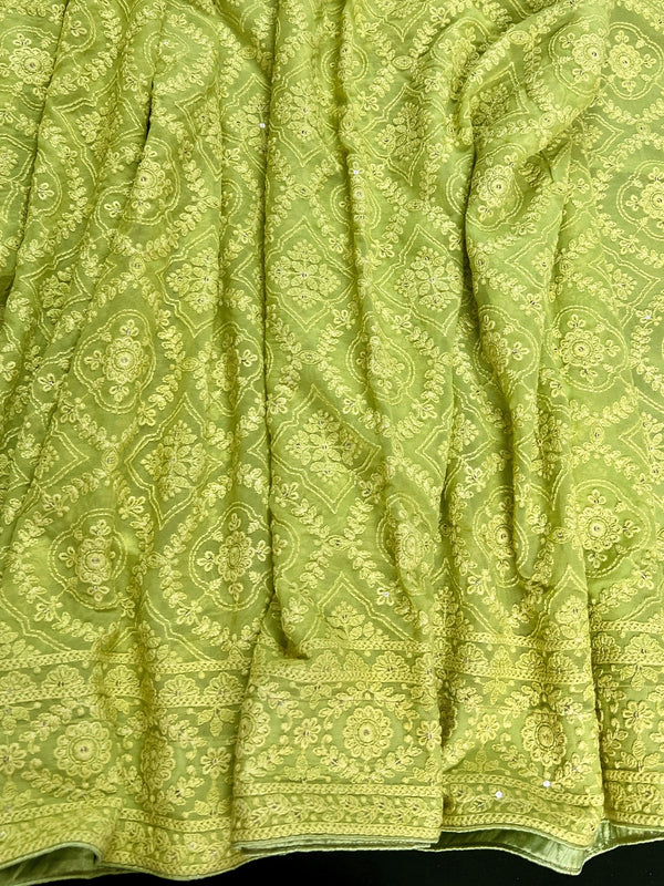 Parrot Green Pure Georgette Saree with Chikankari and Sequin Work| Parrot Green Color Saree | Chikankari Sarees | Kaash Collection - Kaash