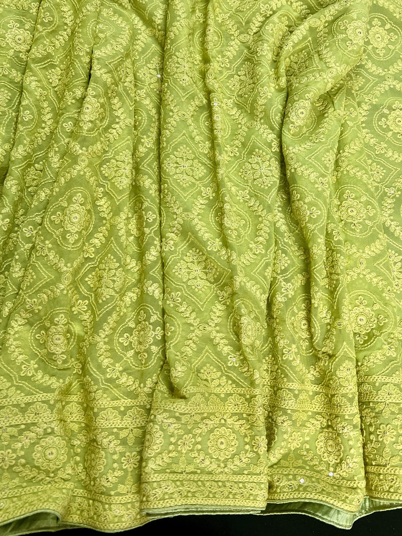 Parrot Green Pure Georgette Saree with Chikankari and Sequin Work| Parrot Green Color Saree | Chikankari Sarees | Kaash Collection - Kaash