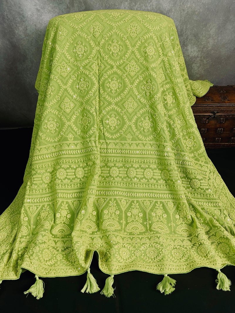 Parrot Green Pure Georgette Saree with Chikankari and Sequin Work| Parrot Green Color Saree | Chikankari Sarees | Kaash Collection - Kaash