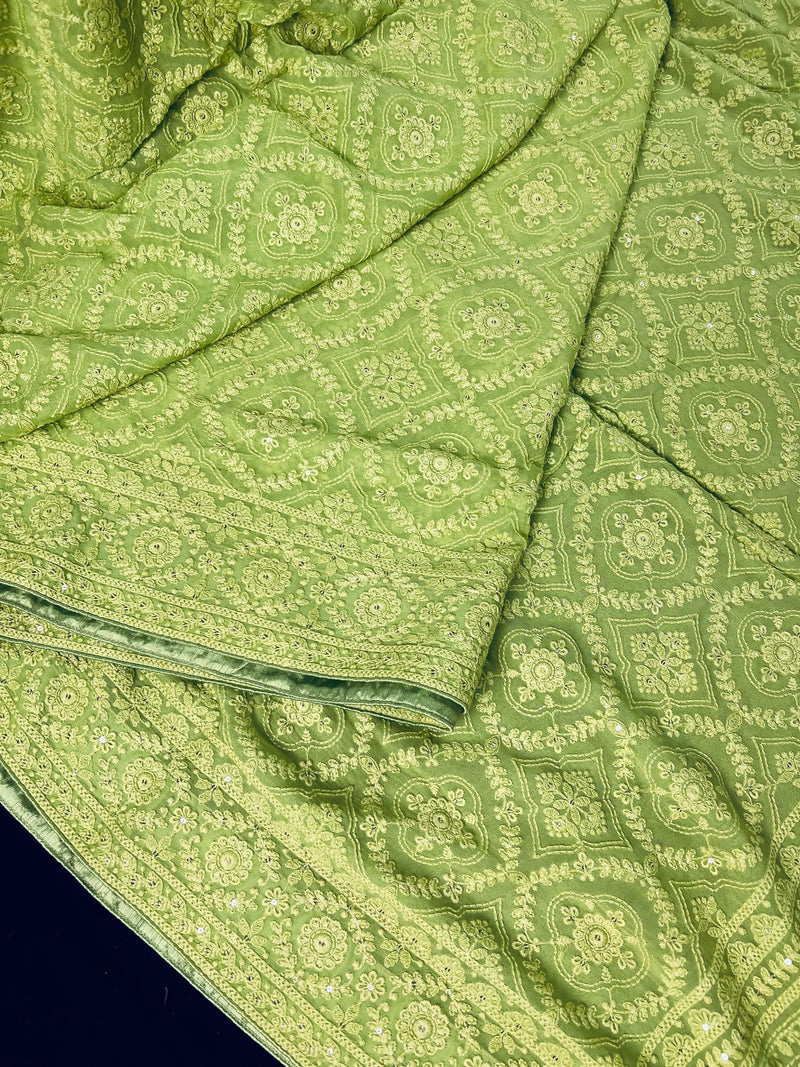Parrot Green Pure Georgette Saree with Chikankari and Sequin Work| Parrot Green Color Saree | Chikankari Sarees | Kaash Collection - Kaash