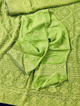 Parrot Green Pure Georgette Saree with Chikankari and Sequin Work| Parrot Green Color Saree | Chikankari Sarees | Kaash Collection - Kaash