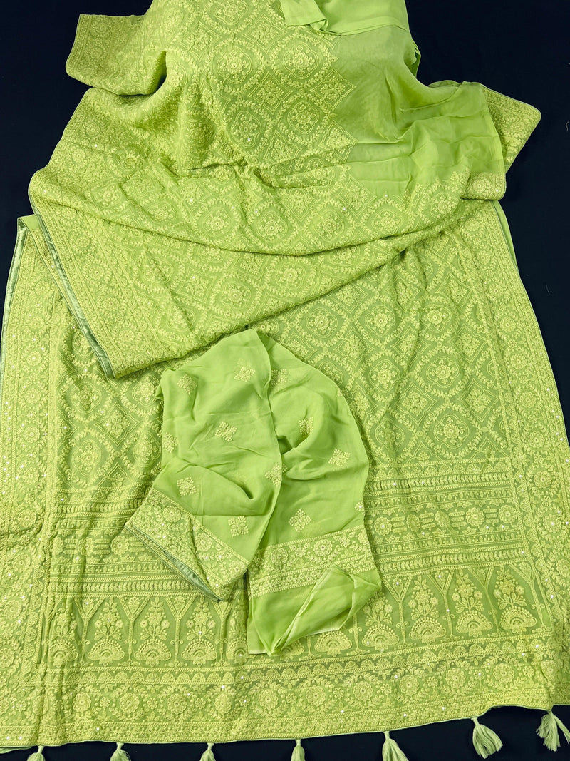 Parrot Green Pure Georgette Saree with Chikankari and Sequin Work| Parrot Green Color Saree | Chikankari Sarees | Kaash Collection - Kaash