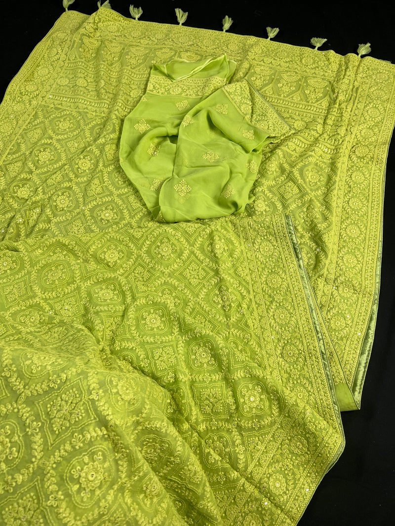 Parrot Green Pure Georgette Saree with Chikankari and Sequin Work| Parrot Green Color Saree | Chikankari Sarees | Kaash Collection - Kaash