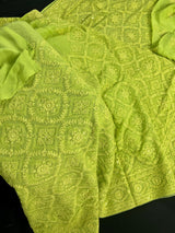 Parrot Green Pure Georgette Saree with Chikankari and Sequin Work| Parrot Green Color Saree | Chikankari Sarees | Kaash Collection - Kaash