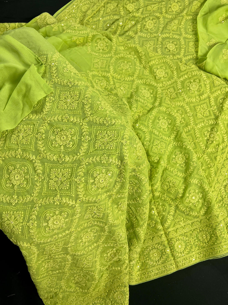 Parrot Green Pure Georgette Saree with Chikankari and Sequin Work| Parrot Green Color Saree | Chikankari Sarees | Kaash Collection - Kaash