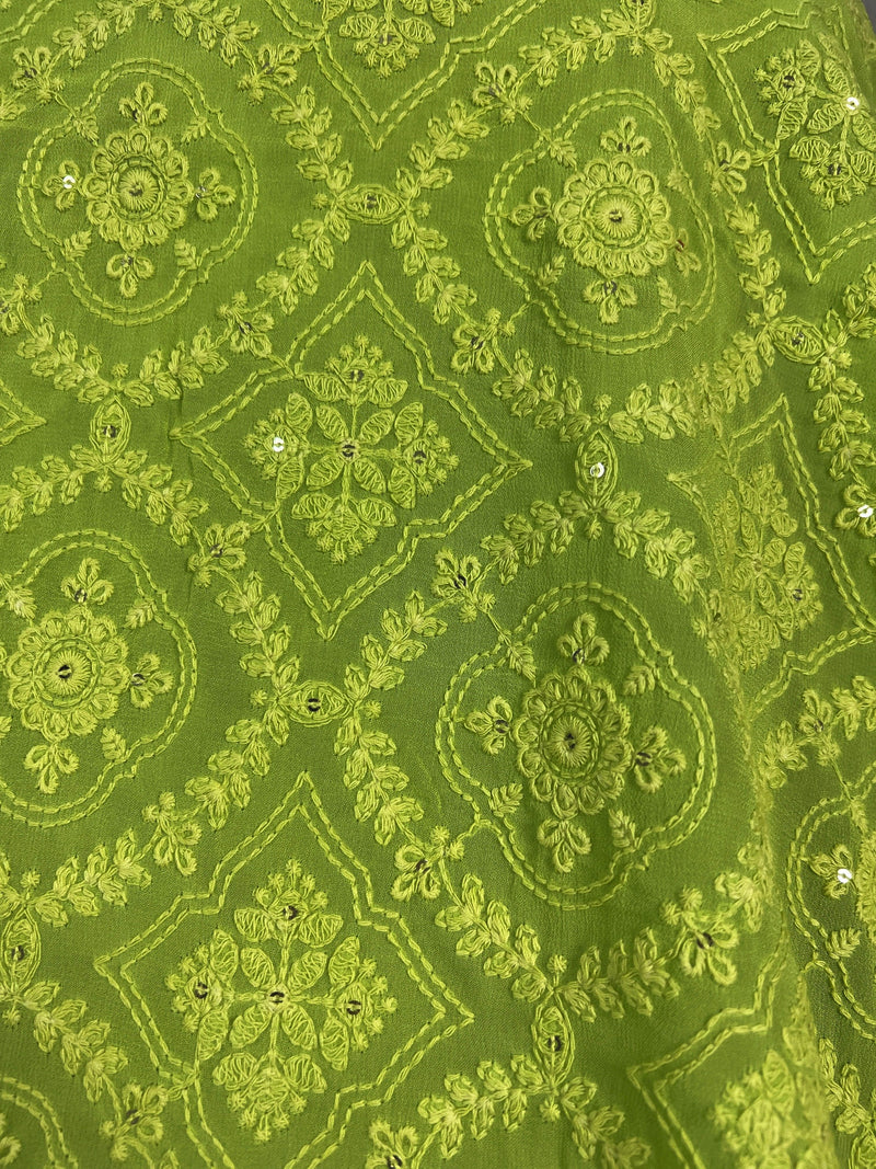 Parrot Green Pure Georgette Saree with Chikankari and Sequin Work| Parrot Green Color Saree | Chikankari Sarees | Kaash Collection - Kaash