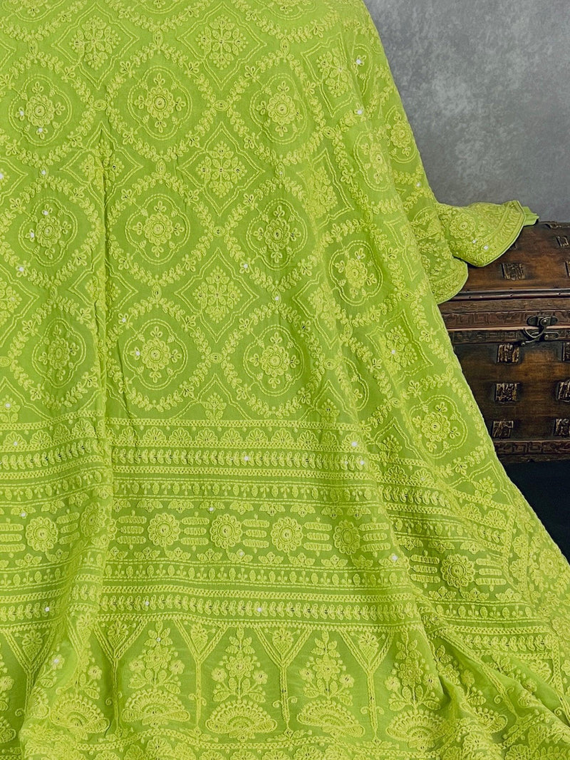 Parrot Green Pure Georgette Saree with Chikankari and Sequin Work| Parrot Green Color Saree | Chikankari Sarees | Kaash Collection - Kaash