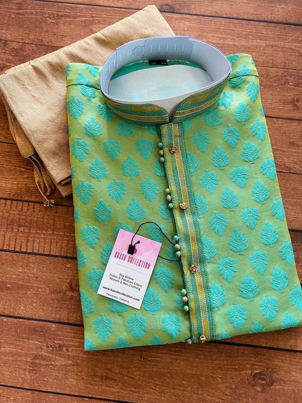 Parrot Green with teal green floral Kurta Pajama Set for Men Indian Traditional Mens Ethnic Wear - Kaash