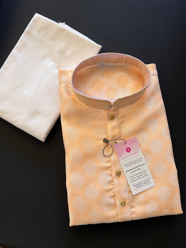 Pastel Light Peach Men Kurta Pajama Set with Floral Buttas Weaving design | Mens Ethnic Wear| Designer Men Kurta - Kaash