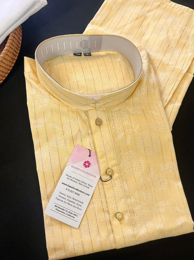 Pastel Light Yellow men's kurta pajama in cotton silk with digital prints with zari stripes — Kaash Collection