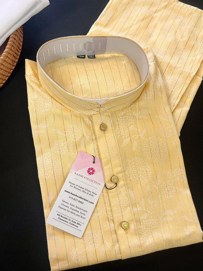 Pastel Light Yellow men's kurta pajama in cotton silk with digital prints with zari stripes — Kaash Collection