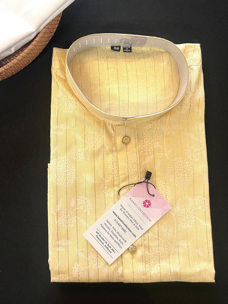 Pastel Light Yellow Color Cotton Silk Kurta with Digital Prints and Zari Stripes | Mens Kurta Pajama Set | Mens Ethnic Wear - Kaash