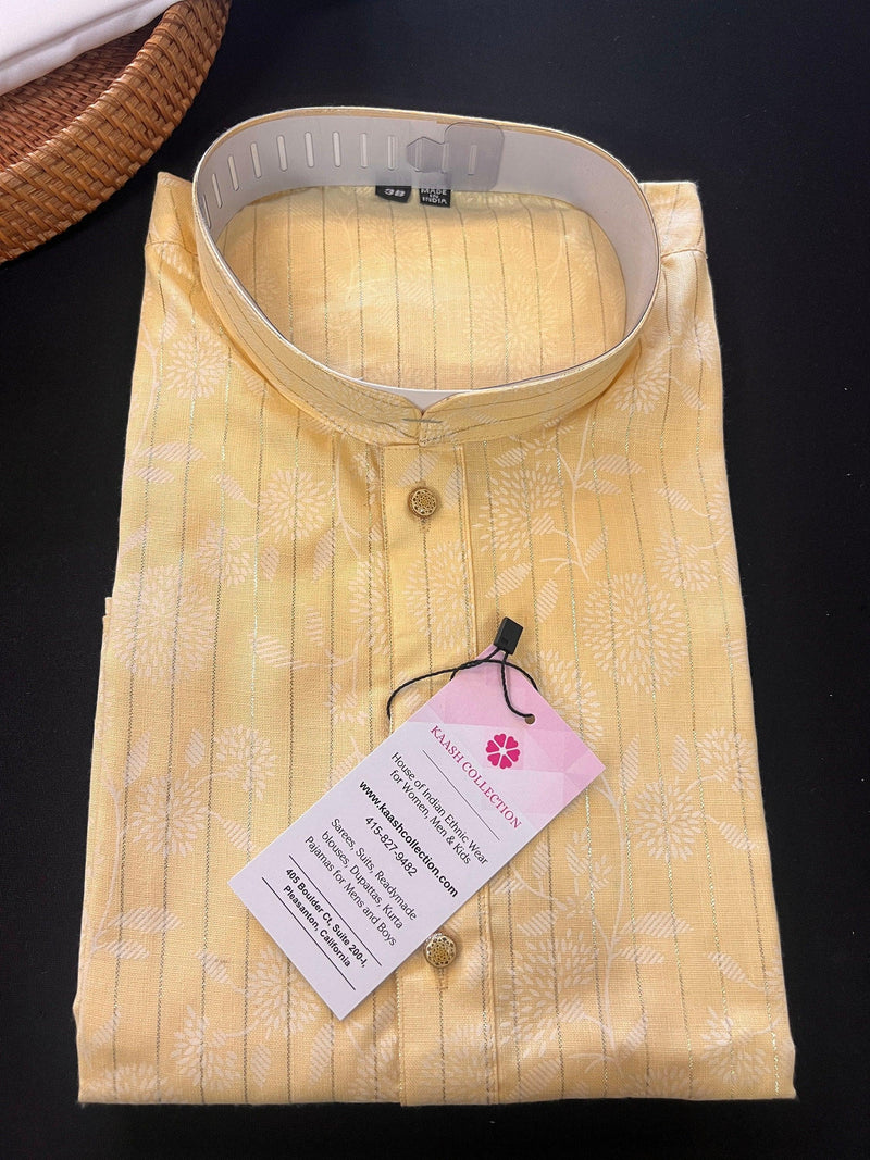 Pastel Light Yellow Color Cotton Silk Kurta with Digital Prints and Zari Stripes | Mens Kurta Pajama Set | Mens Ethnic Wear - Kaash